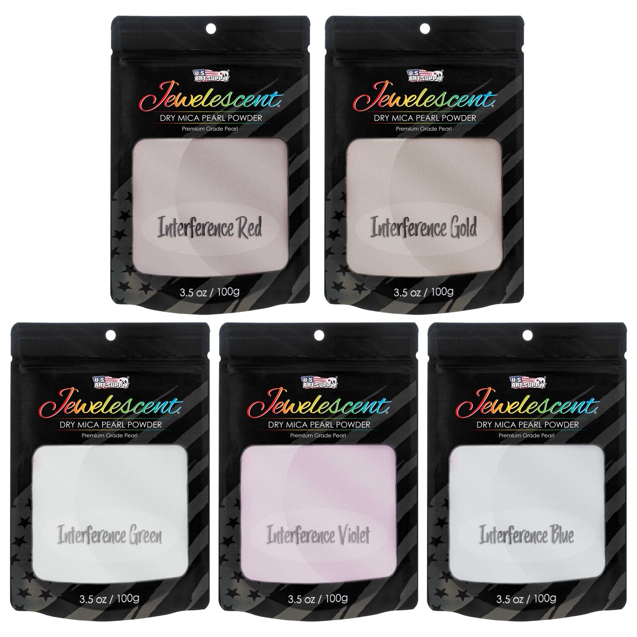 Jewelescent Mica Pearl Pigment Powder Kit, 5 Interference Colors, 3.5 oz (100g) Pouches - Cosmetic Grade, Epoxy Resin Color Pigment, Mica Powder for Resin, Soap, Slime, Candle Dye, Art